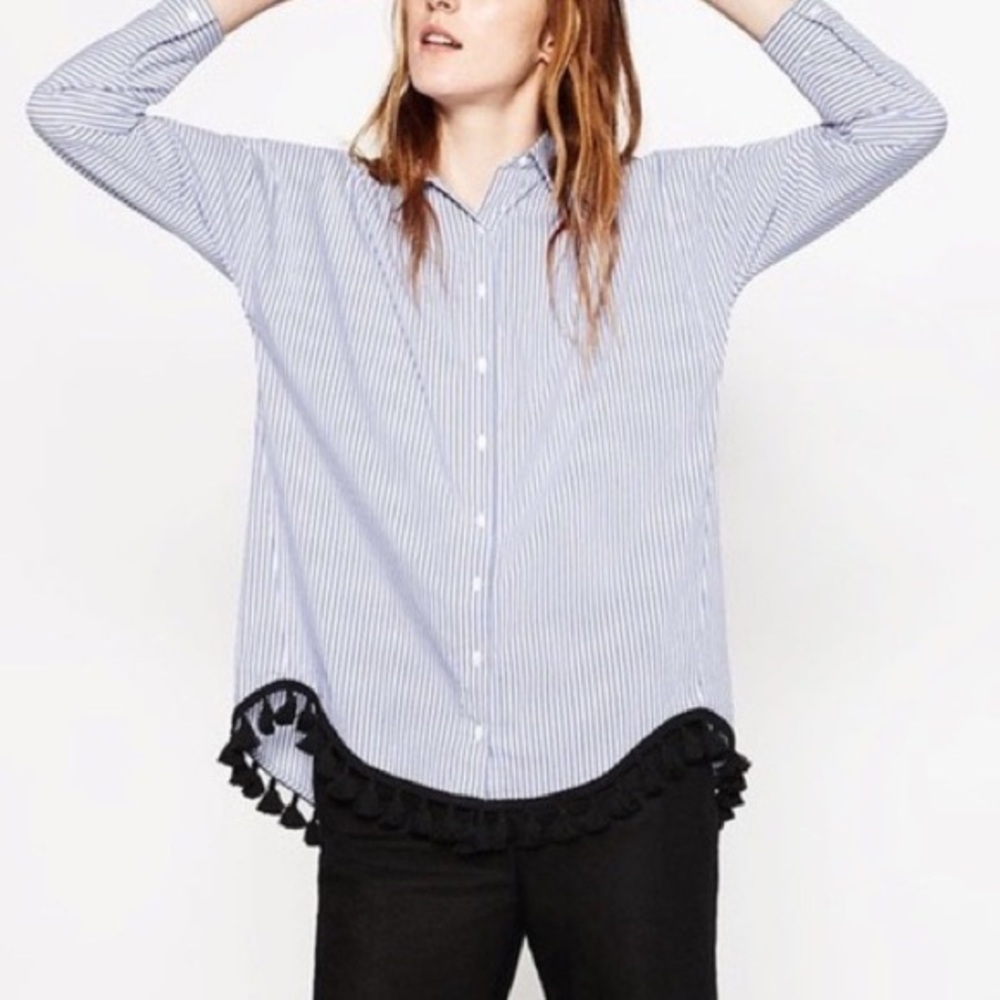 Zara Women Pom Pom Tassel Fringe Button Down Shirt